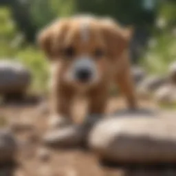 A curious puppy inspecting a rock in the garden