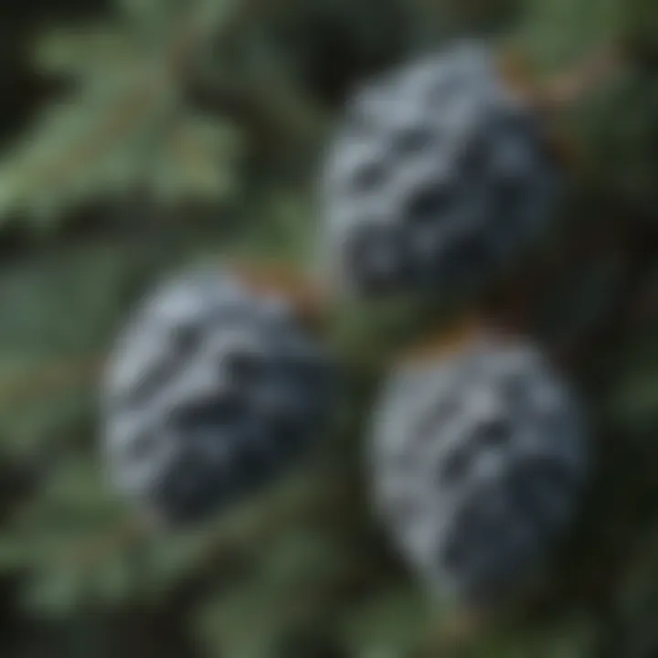 A close-up view of blue spruce cones highlighting their unique features