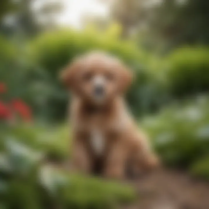 Cavapoo puppy sitting in a lush garden