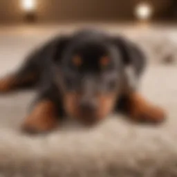 A Doberman puppy lounging on a plush carpet