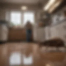An exterminator assessing a roach infestation in a kitchen