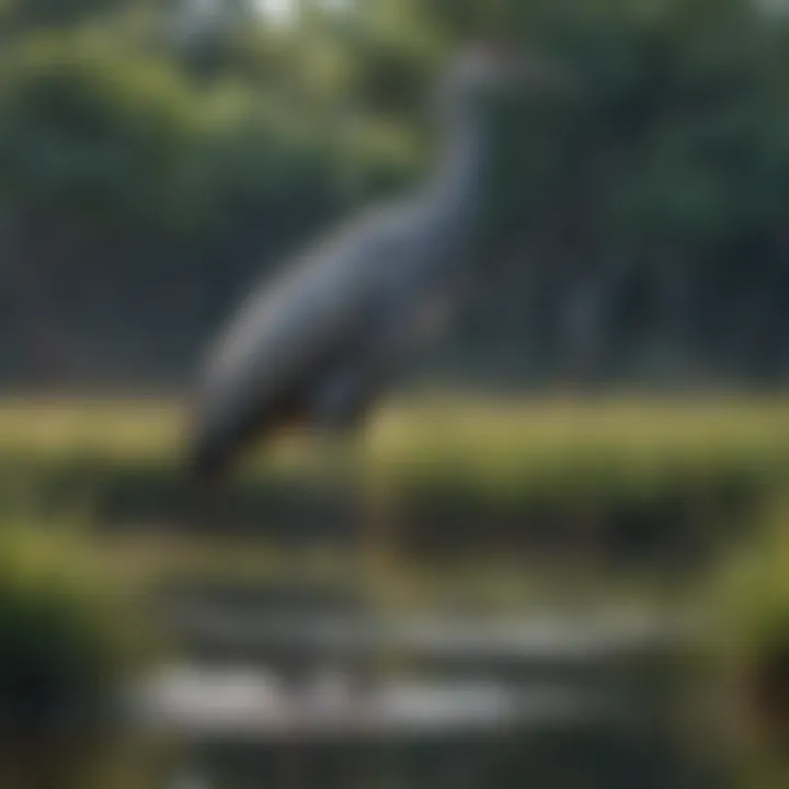 A majestic crane standing gracefully in a wetland environment.