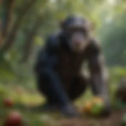 A chimpanzee foraging for fruits in the wild