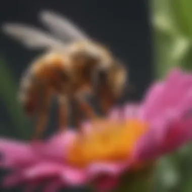 A close-up view of a honey bee on a vibrant flower, showcasing the pollination process.