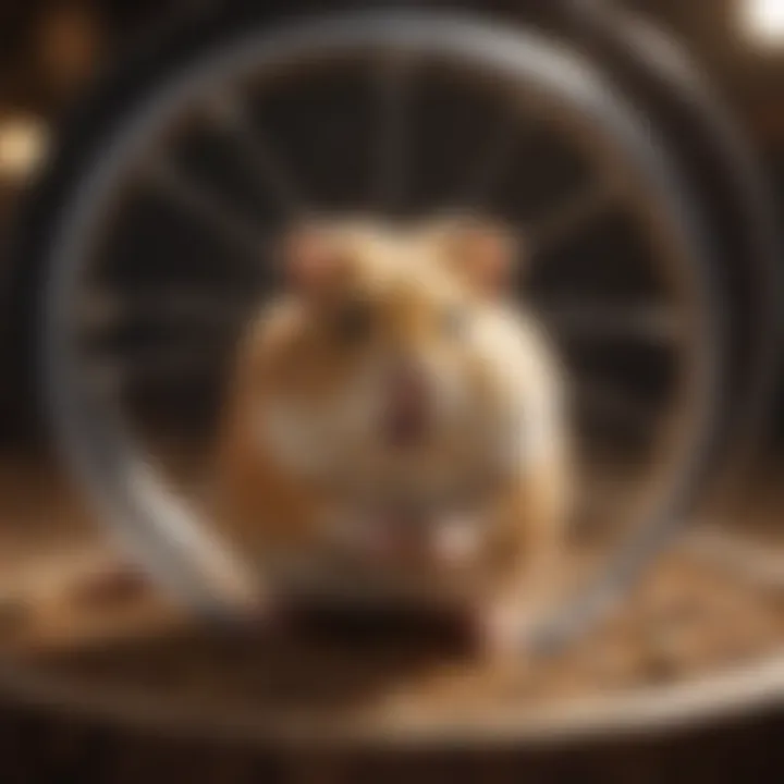 A hamster energetically running on a wheel in its habitat