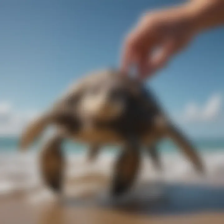 A conservationist releasing a rehabilitated sea turtle back into the ocean.