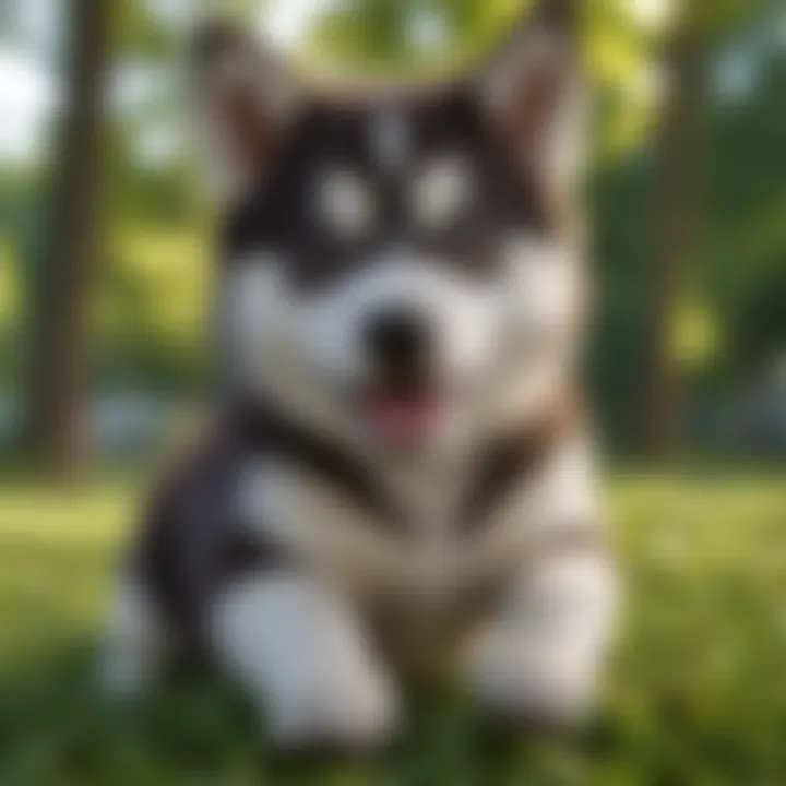 Mini husky playing in a lush green park