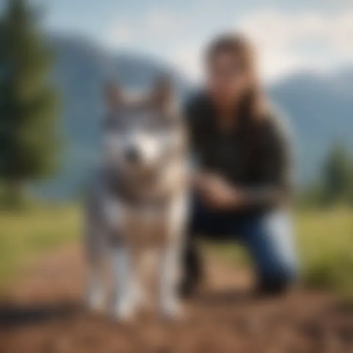 Mini husky being trained by its owner