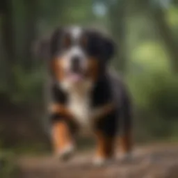 Miniature Bernese Mountain Dog in a playful stance