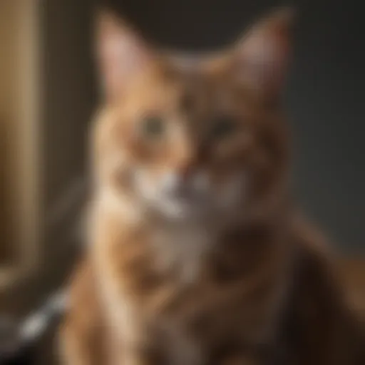 Short-haired cat being groomed with a deshedding tool