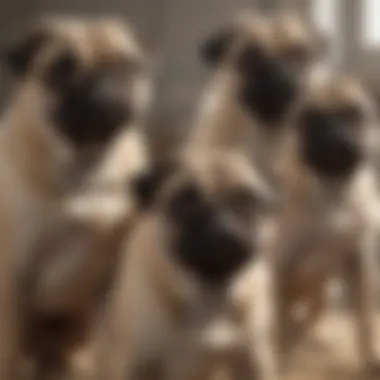 A group of pugs of various ages to depict growth stages.