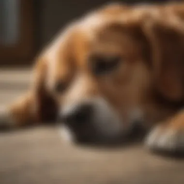 A dog with its head resting on its paws, displaying a thoughtful sleeping posture.