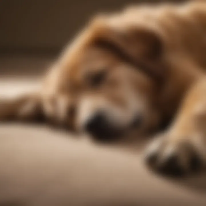 A dog sleeping on its back with paws in the air, indicating relaxation and trust.