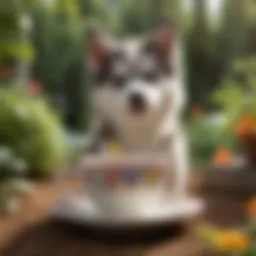 A teacup husky playing in a colorful garden, showcasing its playful demeanor.