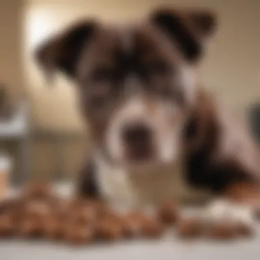 A dog looking distressed with a veterinary professional examining it.