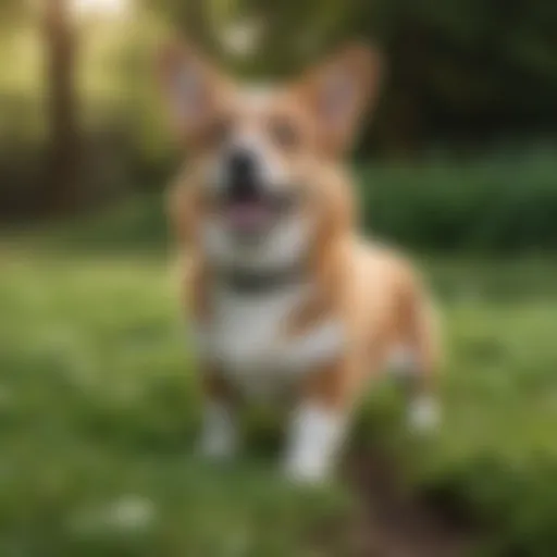 Welsh Corgi playing in a lush green field