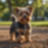 Yorkie Poo standing in a sunny park