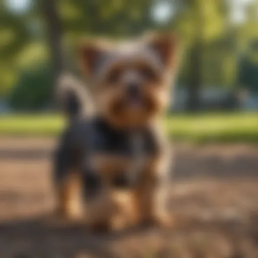 Yorkie Poo standing in a sunny park