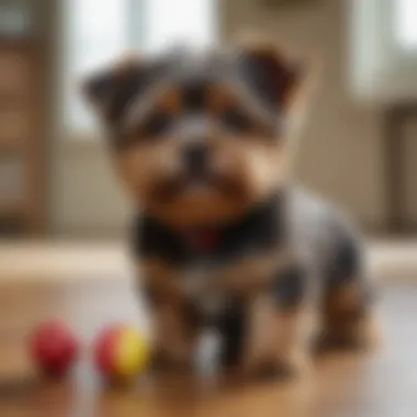 A Yorkie Poo playing with a toy indoors