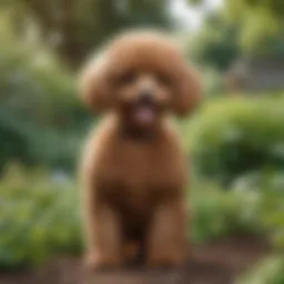A playful adult toy poodle in a lush garden, showcasing its lively nature.