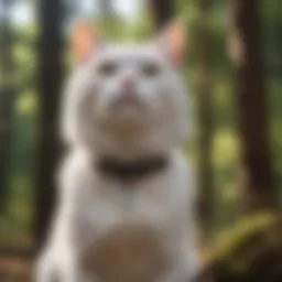 A deaf cat wearing a vibrating collar outdoors