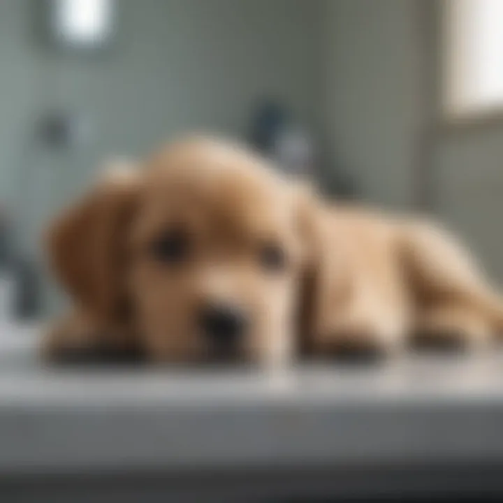 A concerned puppy lying on a vet's examination table