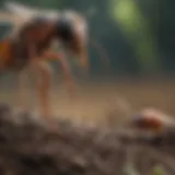 Close-up view of gnats interacting with moist soil and organic matter