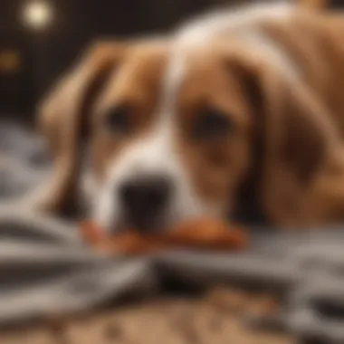 A dog chewing on a piece of fabric