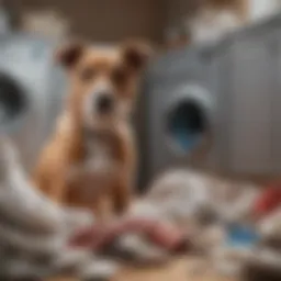 A curious dog inspecting a pile of laundry