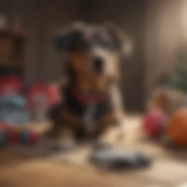 A playful dog surrounded by toys and clothing