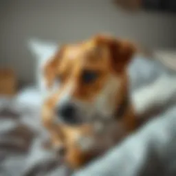 A dog looking anxious near a bed