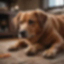 Older dog licking its paw in a cozy living room
