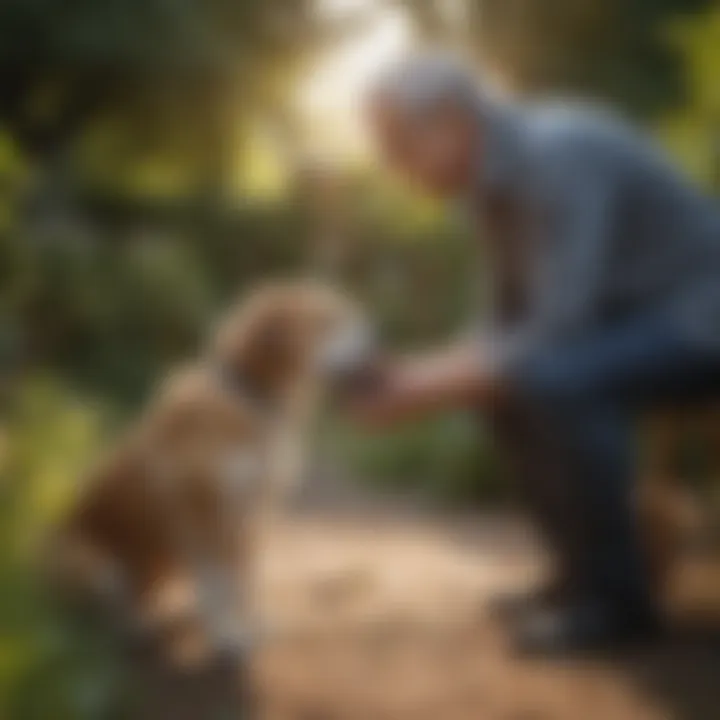 Owner interacting with their older dog in a garden