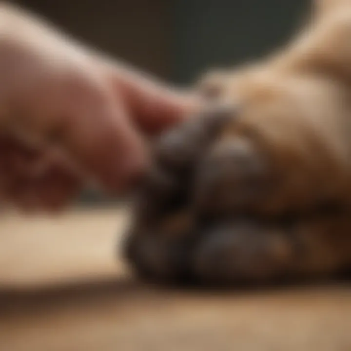 Veterinarian examining an old dog's paw