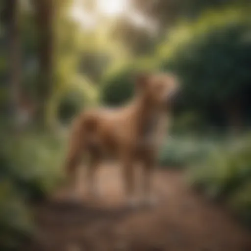 Dog marking territory in a garden