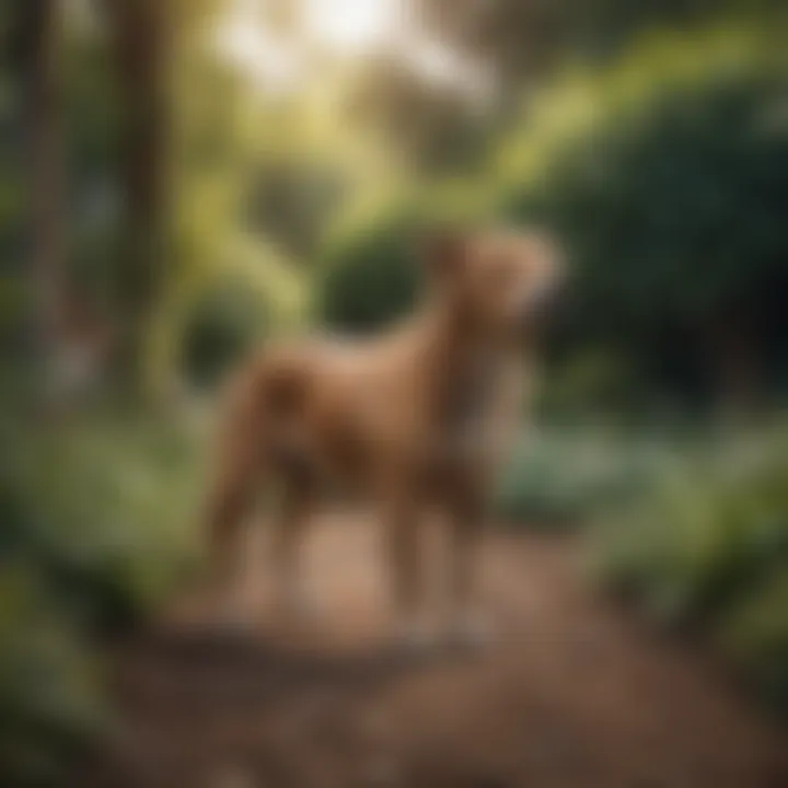 Dog marking territory in a garden