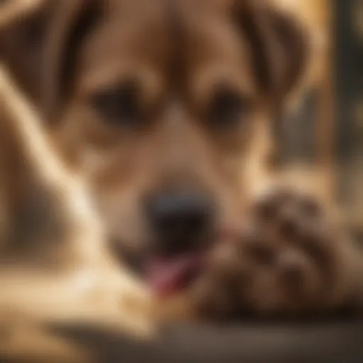 Dog licking its front paw
