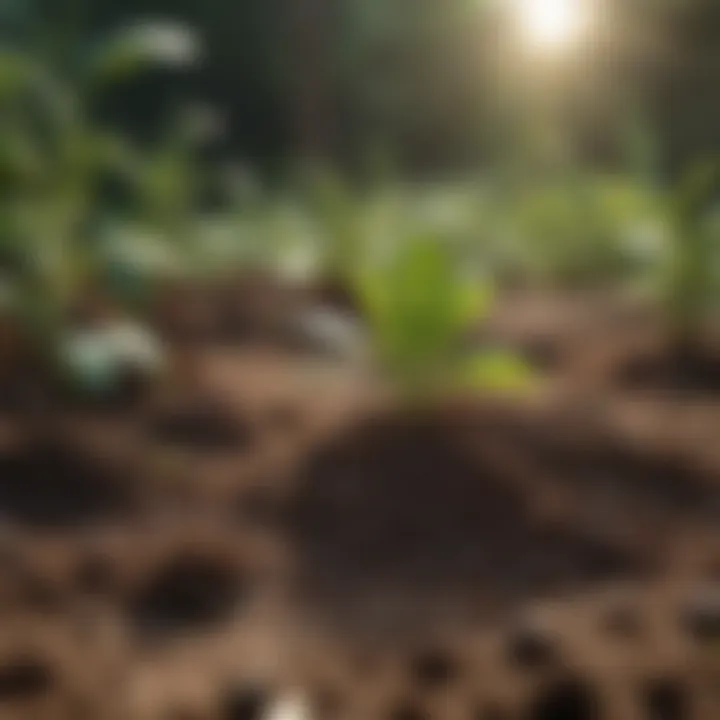 Healthy plants thriving alongside coffee grounds