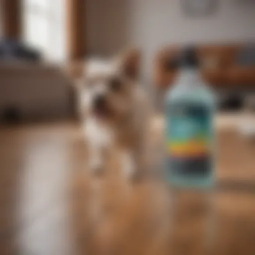 Bottle of enzyme cleaner on wooden floor with dog toy