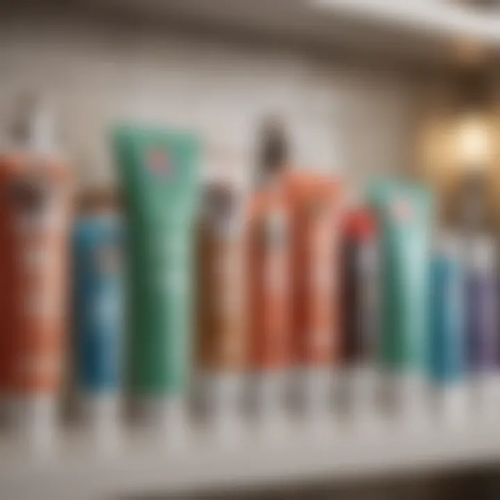 Variety of no brush dog toothpaste options lined up on a shelf