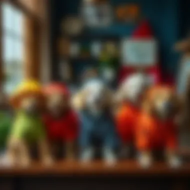 Variety of Dog Raincoats Different types of dog raincoats displayed on a table, showcasing variety