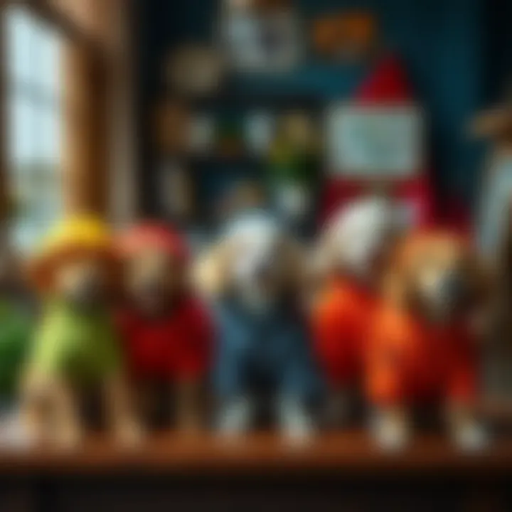 Variety of Dog Raincoats Different types of dog raincoats displayed on a table, showcasing variety