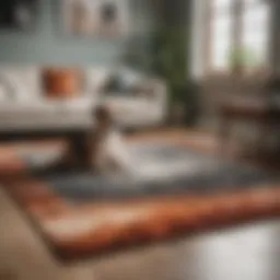 A cozy living room featuring a stylish washable area rug designed for pet owners with dogs.