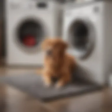 Effortless Maintenance of Washable Rugs for Dogs A pet owner washing a washable area rug in a modern washing machine, emphasizing easy maintenance.