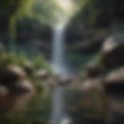 A serene waterfall cascading over rocks, surrounded by lush greenery.