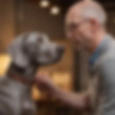 A Weimaraner actively engaging in training with its owner, highlighting the breed's intelligence and responsiveness