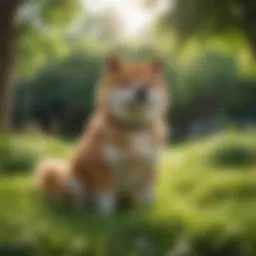 A Shiba Inu sitting gracefully in a lush green park.