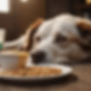 Close up of a dog resting comfortably after eating