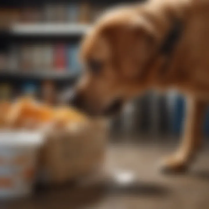 A concerned dog owner checking a food label for harmful ingredients