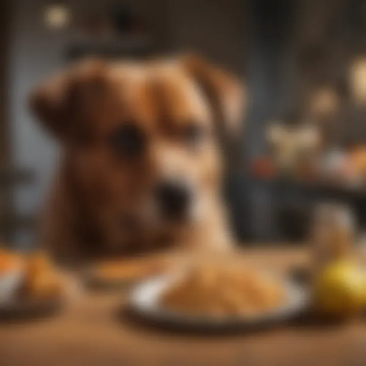 A dog looking longingly at a plate of forbidden foods placed out of reach